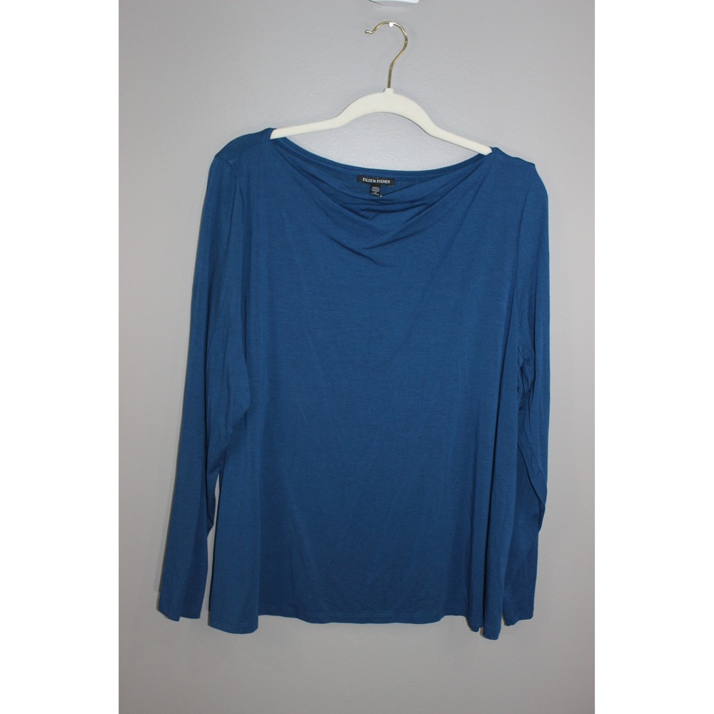 Eileen Fisher Top Women XL Blue Great Tencel Lyocell Boat Neck Long Sleeve